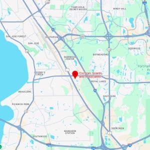 A map highlighting the location of Cochran, Soares, and Associates in Jacksonville, Florida, with surrounding neighborhoods and major roads visible.