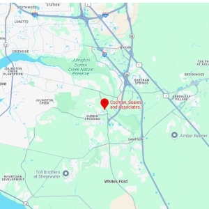 Map showing the location of Cochran, Soares, and Associates near Durbin Crossing in Northern Florida, with nearby roads and landmarks labeled.